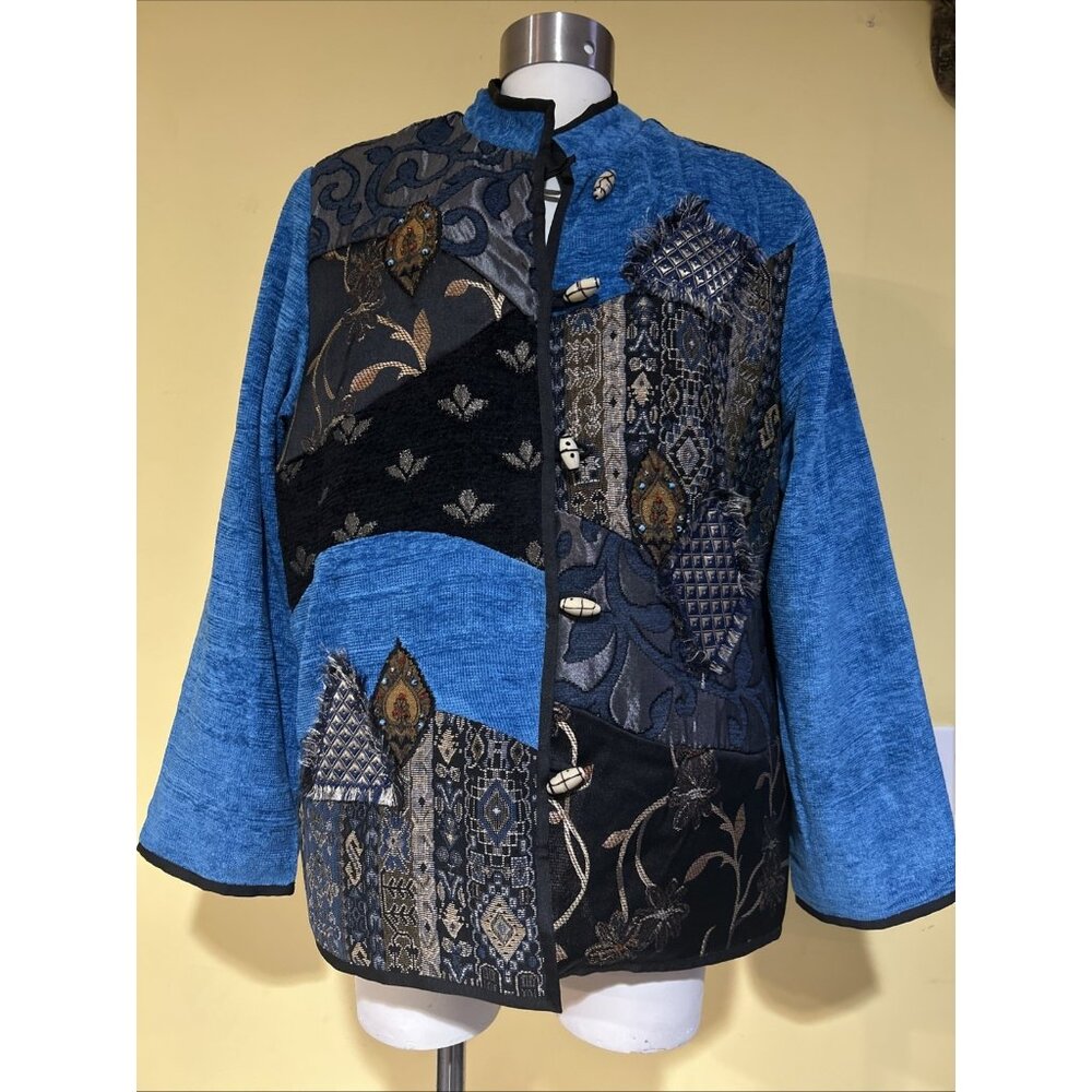 Alex Kim Vintage Embroidered Red Coat XL Boho Beaded Patchwork Granny Tapestry